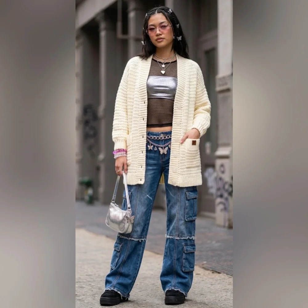 Hand-Made Crocheted Ivory Chunky Knit Cardigan Sweater